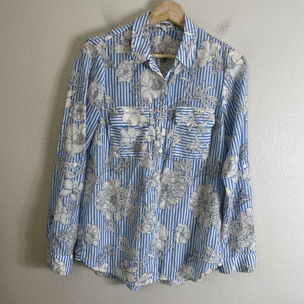 Express City Shirt Womens Small Blue Striped Floral‎ Button Up Roll Tab Sleeve